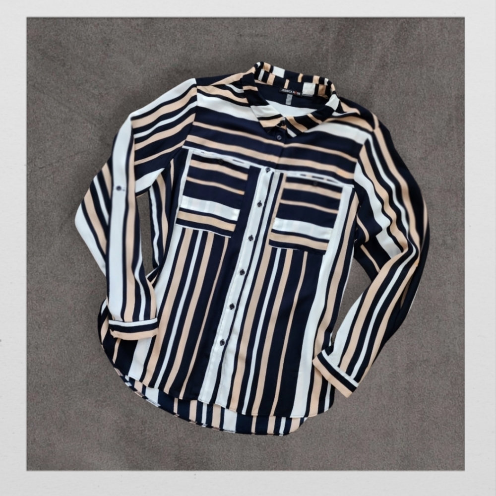 Black, Tan, and White Striped Button-Down Blouse, Women's XL
